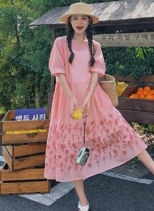 Floral Pink Vacation Style Sweet Slim Dress Set