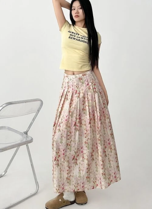 Floral Pleated A Line Maxi Skirt