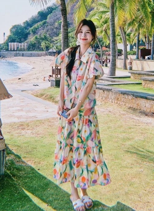 Floral Print Fashion Skirt And Shirt Set