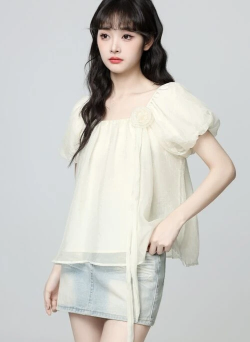 Floral Puff Sleeve Bow French Blouse