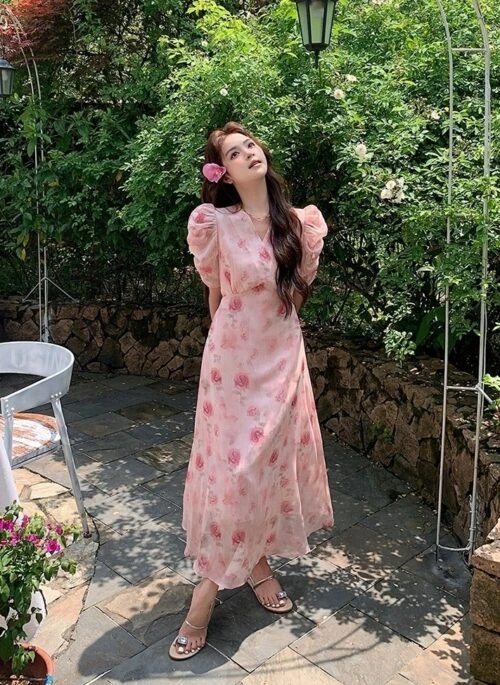 Floral Puff Sleeve Vacation Maxi Dress