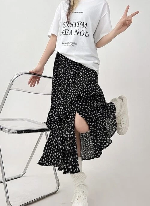 Floral Ruffle High Waist Midi Skirt
