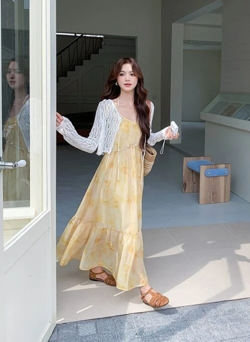 Floral Vintage Yellow Dress Cardigan Set