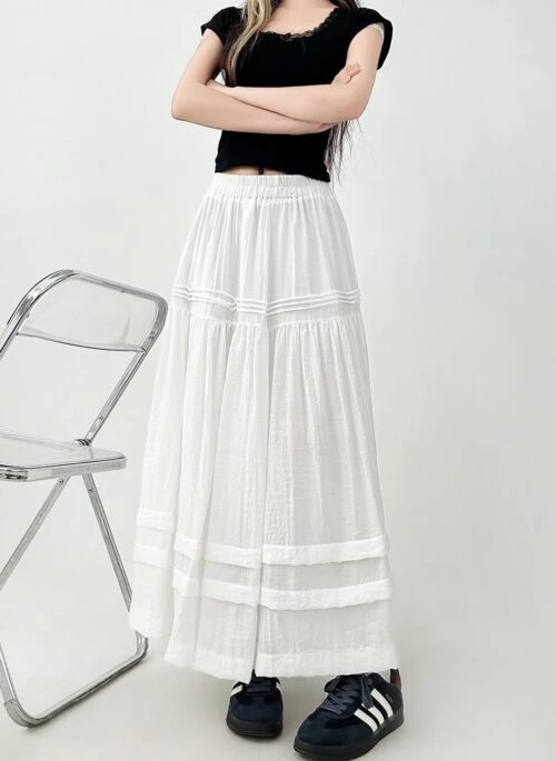 Flowy Ruffle Hem White High Waist Skirt