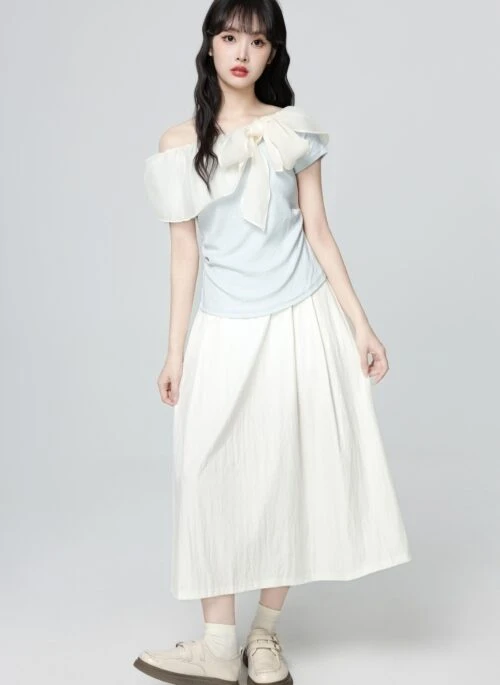 French Blue Off Shoulder Bow Short Sleeve Top