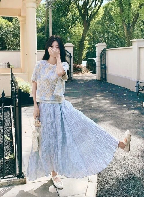 French Embroidered Lace Short Sleeve Top Skirt Set