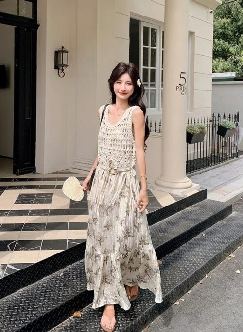 French Hollow Out Print Dress And Vest Set For Vacation