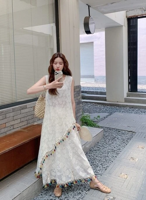 French Lace Embroidered Print Tassel Skirt Set