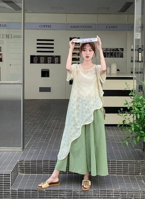 French Lace Irregular Top Set With Striped Wide Leg Pants