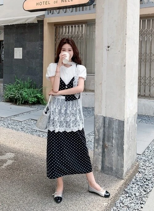 French Lace Patchwork Short Sleeve Blouse Polka Dot Skirt Set