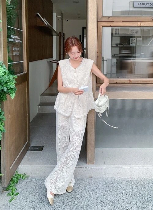 French Lace Vest And Wide Leg Pants Set