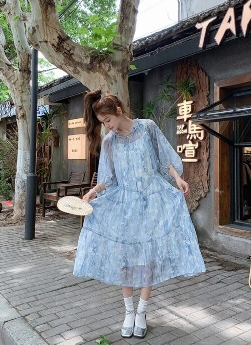 French Light Blue Chiffon Floral Tea Dress