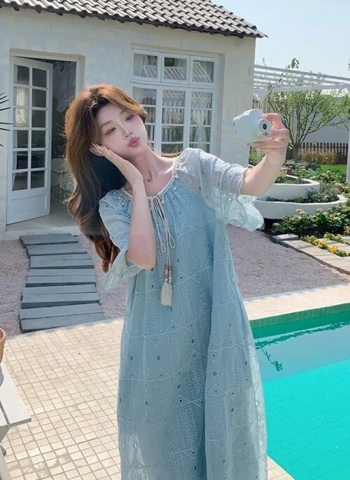 French Light Blue Hollow Out Waist Maxi Dress