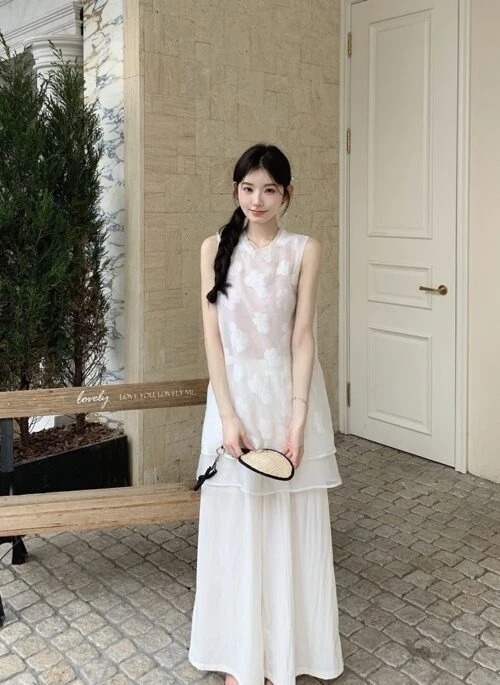 French Mesh Patchwork Vest Casual Pants Fashion Set