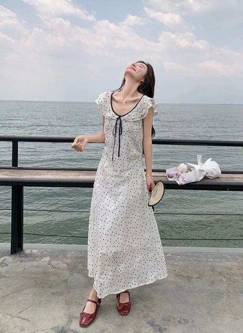 French Polka Dot Ruffled Sweet Long Dress