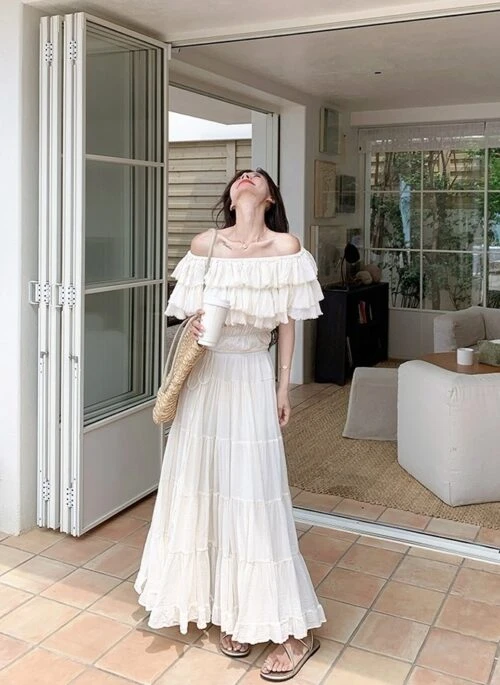 French Ruffle Off Shoulder Vacation Skirt Set