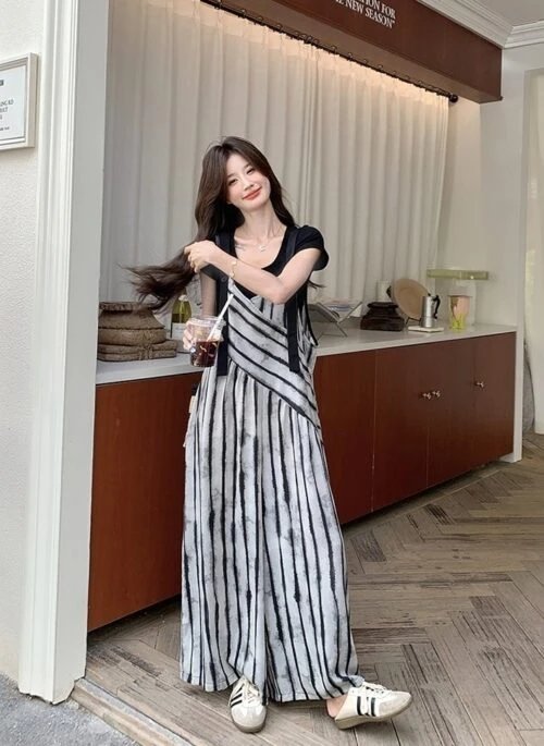 French Striped Loose Fit Wide Leg Overalls