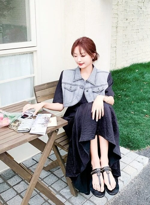 French Style Black Slip Dress Denim Jacket Set