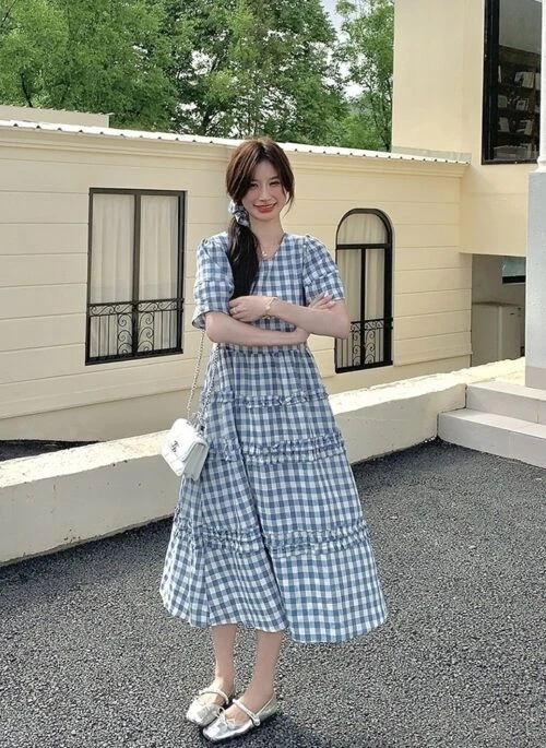 French Style Blue Plaid Casual Tea Dress