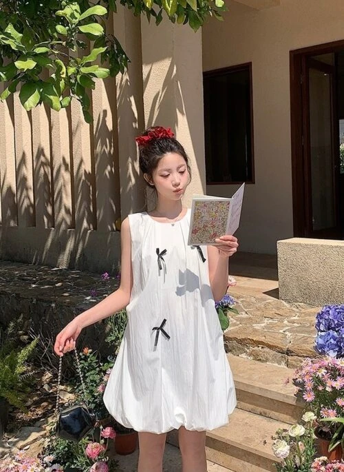 French Style Bow Sleeveless Bubble Mini Dress