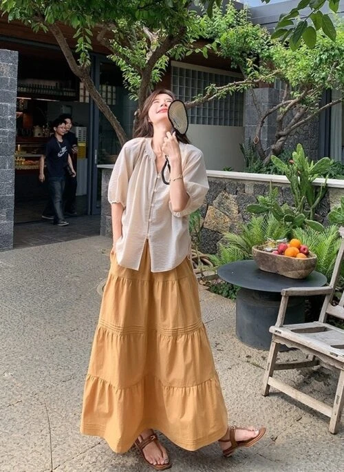 French Style Drawstring Shirt Skirt Vacation Set