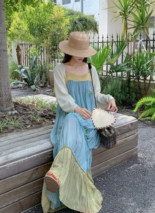 French Style Embroidered Colorblock Dress Cardigan Set