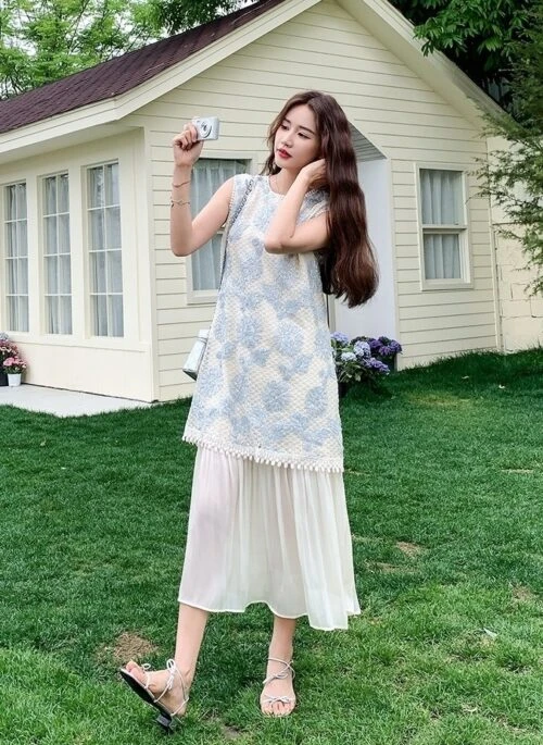 French Style Embroidered Layered Dress Summer Chic