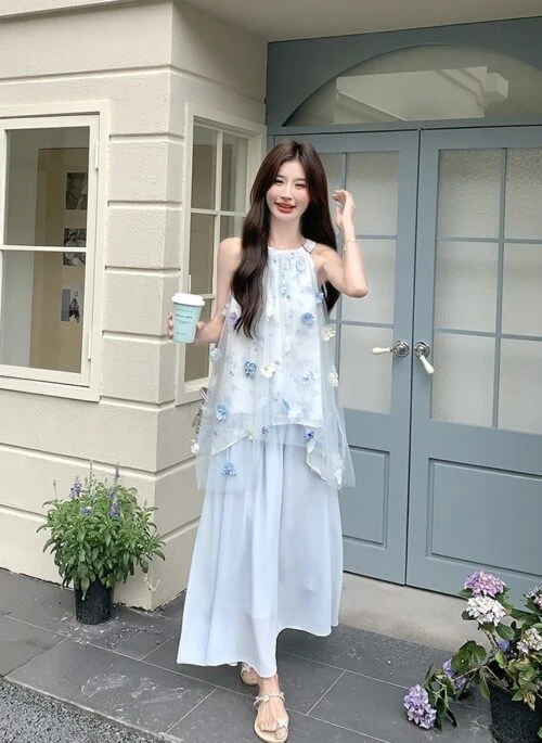 French Style Floral Halter Vacation Two Piece Set
