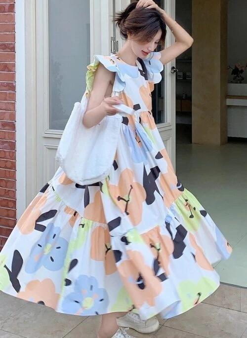 French Style Graffiti Art Vacation Maxi Dress