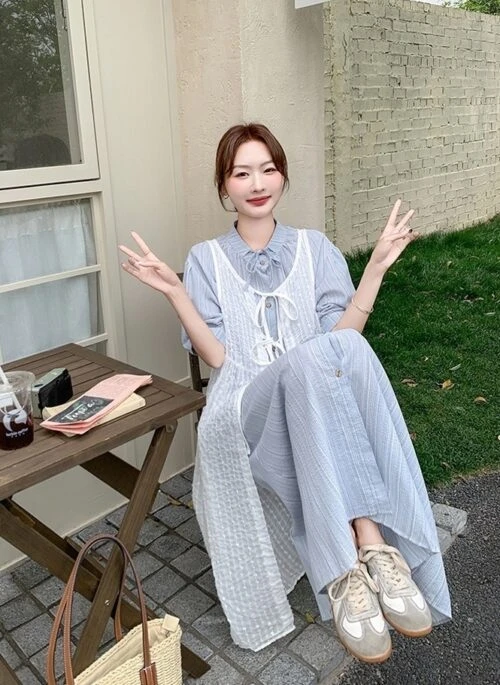 French Style Hollow Out Tie Waist Dress Set
