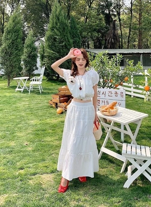 French Style Lace Sweet Puff Sleeve Skirt Set
