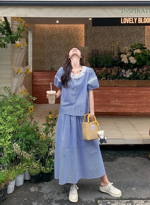 French Style Plaid Skirt And Top Set