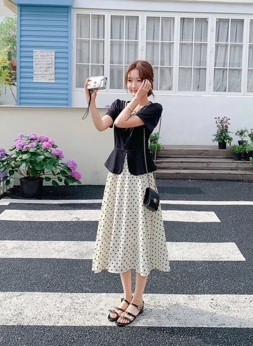 French Style Polka Dot Patchwork Elegant Maxi Dress