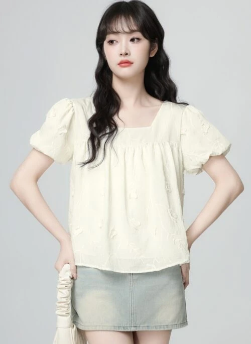French Style Puff Sleeve Short Sleeve Casual Blouse