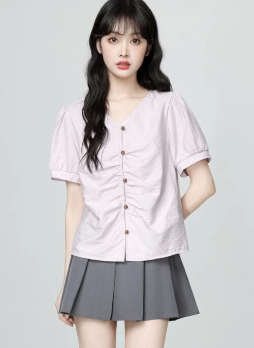 French Style Purple V Neck Puff Sleeve Blouse