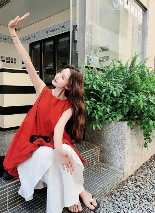 French Style Red Floral Dress And Wide Leg Pants Set