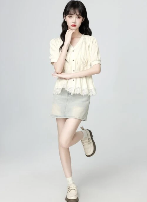 French Style Ruched Puff Sleeve Short Blouse