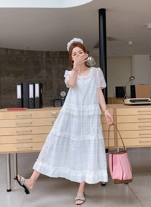 French Style Ruffle Layered Vacation Maxi Dress
