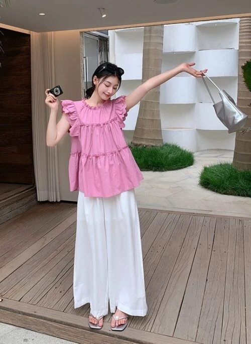 French Style Ruffle Sleeve Blouse And Wide Leg Pants Set