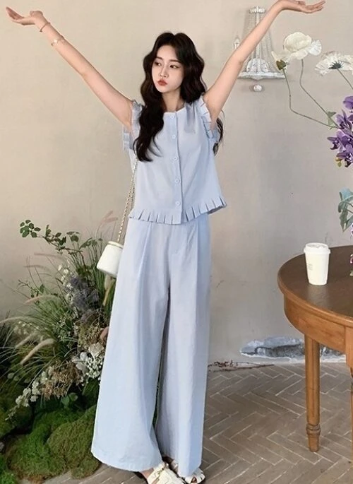 French Style Ruffle Vest And Wide Leg Pants Set