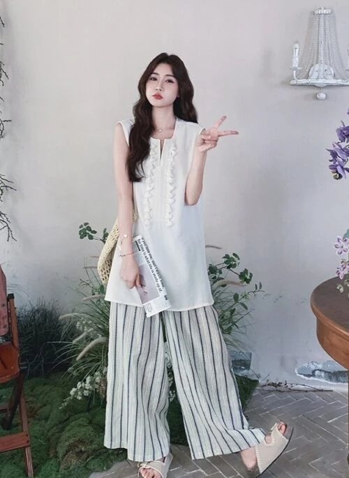 French Style Sleeveless White Shirt Wide Leg Pants Set