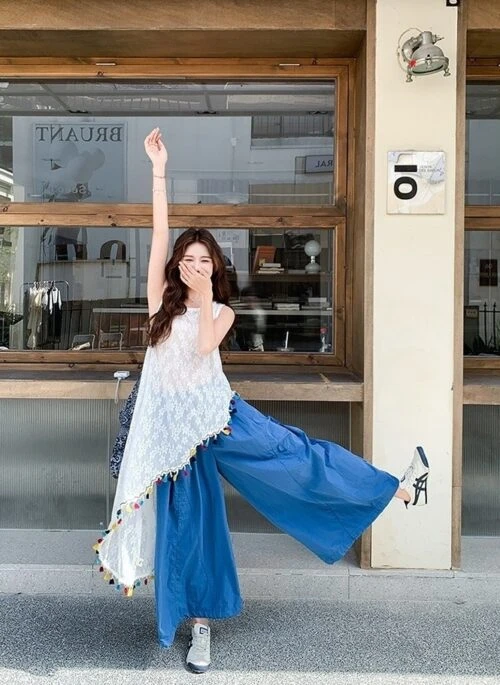 French Style Tassel Hollow Out Relaxed Fit Pants Set