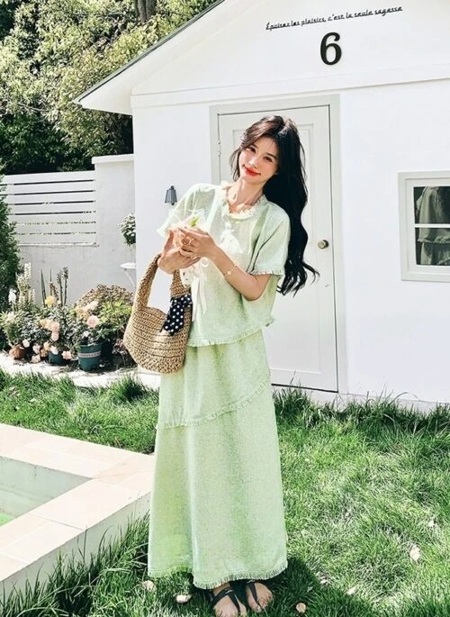 French Style Tassel Layered Top And Skirt Set