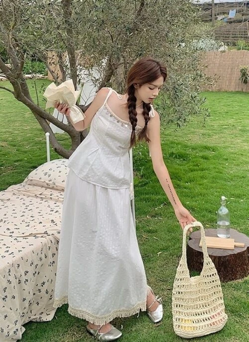 French Style Tassel Waist Dress And Top Set