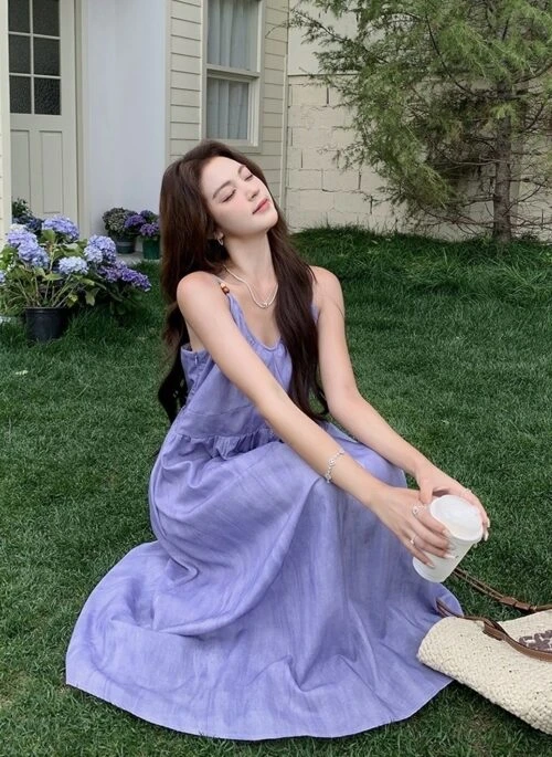 French Style Unique Vacation Dress Sweet Fashion Purple Maxi