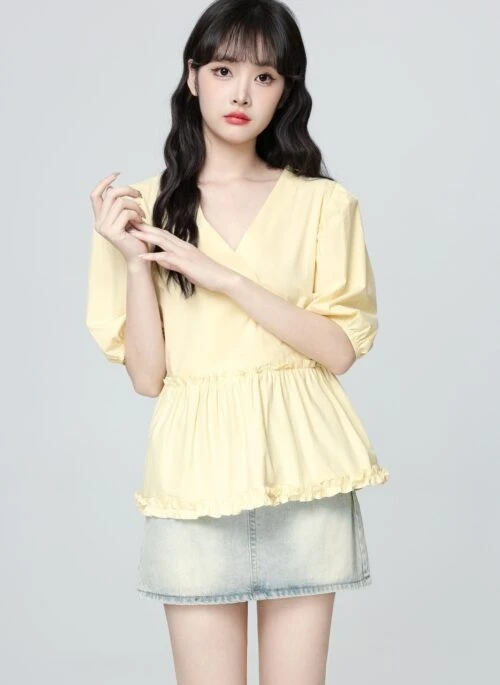 French Style Yellow Puff Sleeve V Neck Blouse