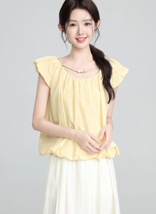 French Style Yellow Short Sleeve Ruffle Blouse