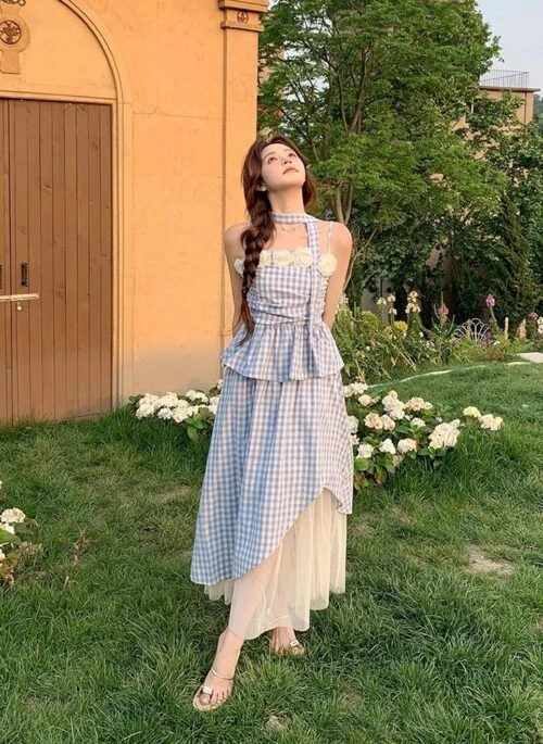 French Sweet Plaid Floral Strap Skirt Set
