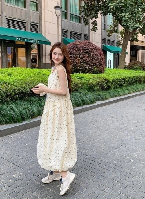 French Sweet Polka Dot Sleeveless Babydoll Dress
