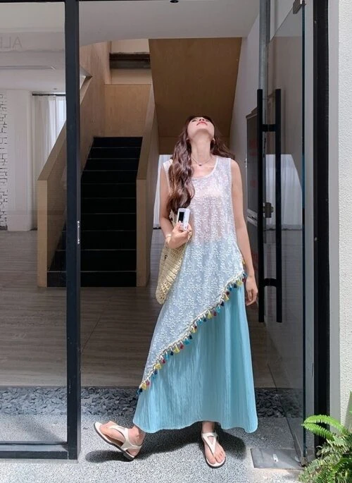 French Tassel Hollow Out Cover Up Skirt Set